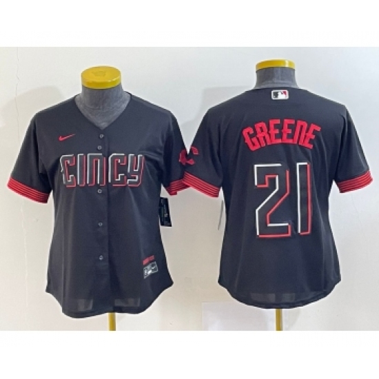 Women's Cincinnati Reds 21 Hunter Greene Black 2023 City Connect Cool Base Stitched Jersey1