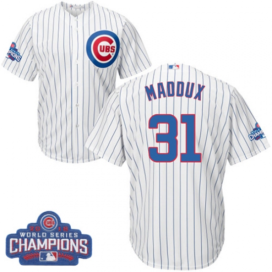 Youth Majestic Chicago Cubs 31 Greg Maddux Authentic White Home 2016 World Series Champions Cool Base MLB Jersey