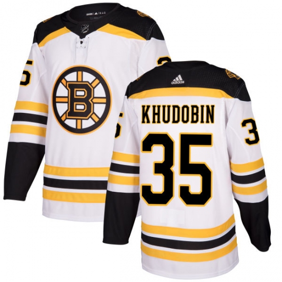 Women's Adidas Boston Bruins 35 Anton Khudobin Authentic White Away NHL Jersey