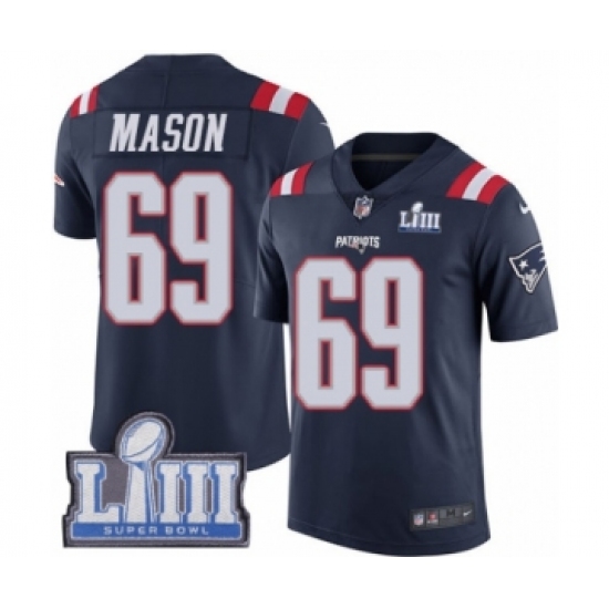Men's Nike New England Patriots 69 Shaq Mason Limited Navy Blue Rush Vapor Untouchable Super Bowl LIII Bound NFL Jersey