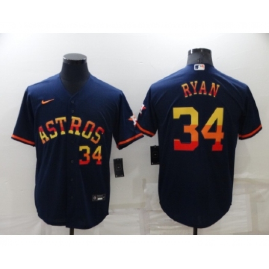 Men's Houston Astros 34 Nolan Ryan Number Navy Blue Rainbow Stitched MLB Cool Base Nike Jersey