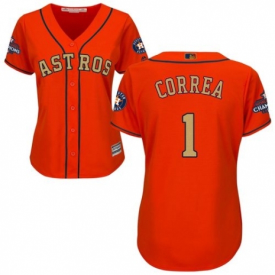 Women's Majestic Houston Astros 1 Carlos Correa Authentic Orange Alternate 2018 Gold Program Cool Base MLB Jersey