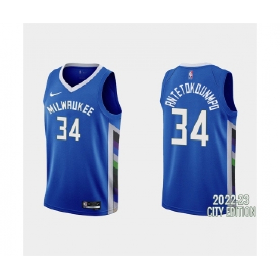 Men's Milwaukee Bucks 34 Giannis Antetokounmpo 2022-23 City Edition Blue Stitched Basketball Jersey