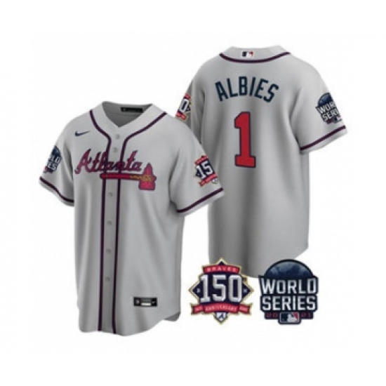 Men's Atlanta Braves 1 Ozzie Albies 2021 Gray World Series With 150th Anniversary Patch Cool Base Baseball Jersey