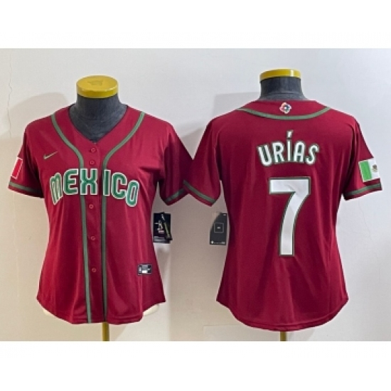 Women's Mexico Baseball 7 Julio Urias Number 2023 Red World Baseball Classic Stitched Jersey12