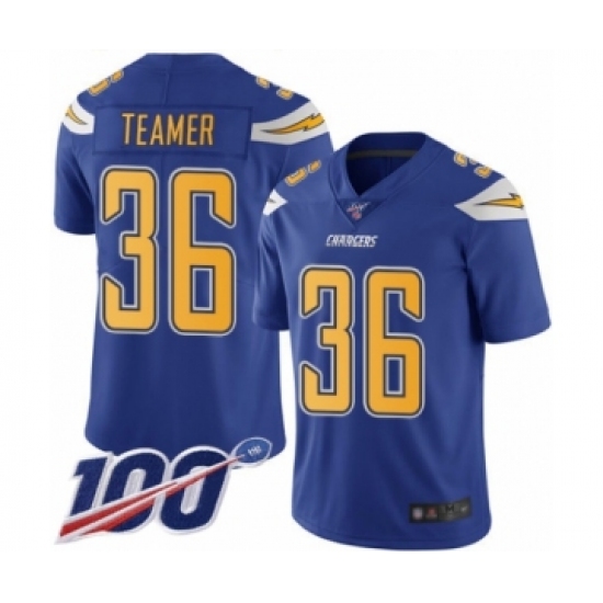 Men's Los Angeles Chargers 36 Roderic Teamer Limited Electric Blue Rush Vapor Untouchable 100th Season Football Jersey