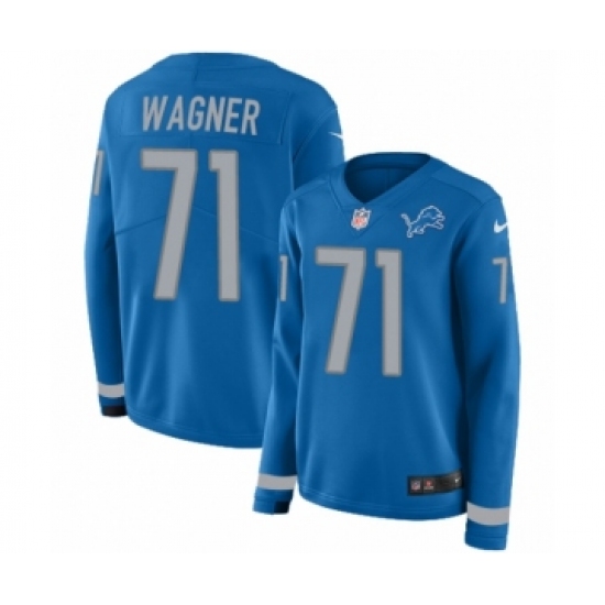 Women's Nike Detroit Lions 71 Ricky Wagner Limited Blue Therma Long Sleeve NFL Jersey