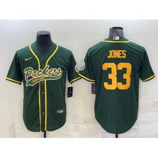 Men's Green Bay Packers 33 Aaron Jones Green Yellow With Patch Cool Base Stitched Baseball Jersey