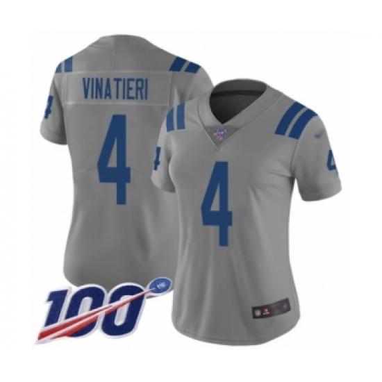 Women's Indianapolis Colts 4 Adam Vinatieri Limited Gray Inverted Legend 100th Season Football Jersey