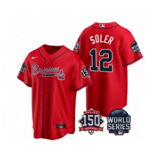 Men's Atlanta Braves 12 Jorge Soler 2021 White World Series With 150th Anniversary Patch Cool Base Stitched Jersey