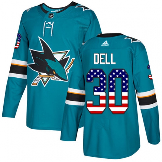 Men's Adidas San Jose Sharks 30 Aaron Dell Authentic Teal Green USA Flag Fashion NHL Jersey