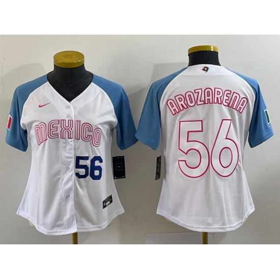 Women's Mexico Baseball 56 Randy Arozarena 2023 White Blue World Classic Stitched Jersey5