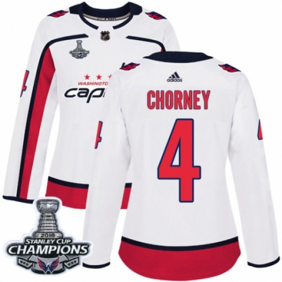 Women's Adidas Washington Capitals 4 Taylor Chorney Authentic White Away 2018 Stanley Cup Final Champions NHL Jersey