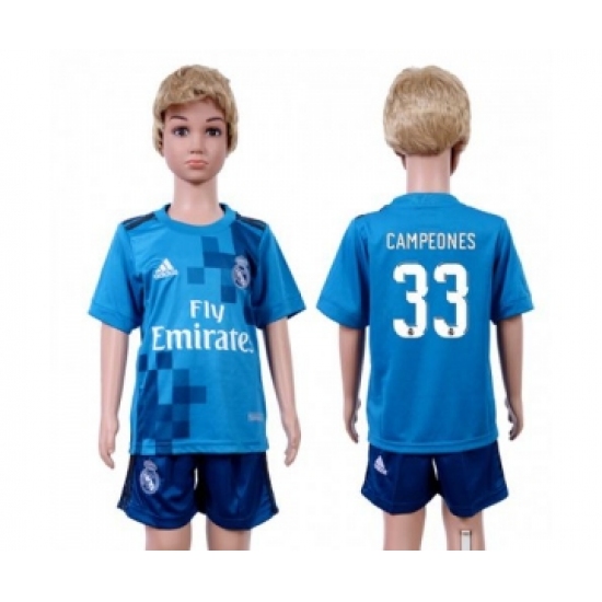 Real Madrid 33 Campeones Sec Away Kid Soccer Club Jersey