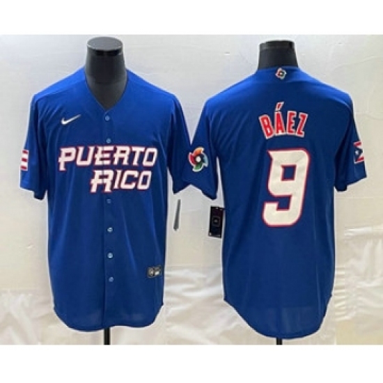Men's Puerto Rico Baseball 9 Javier Baez 2023 Blue World Baseball Classic Stitched Jerseys