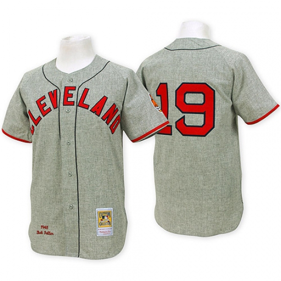 Men's Mitchell and Ness Cleveland Indians 19 Bob Feller Authentic Grey Throwback MLB Jersey