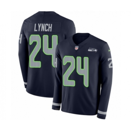 Men's Nike Seattle Seahawks 24 Marshawn Lynch Limited Navy Blue Therma Long Sleeve NFL Jersey