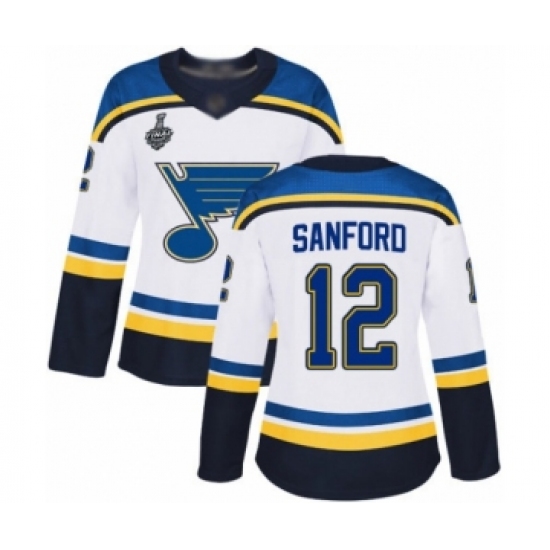 Women's St. Louis Blues 12 Zach Sanford Authentic White Away 2019 Stanley Cup Final Bound Hockey Jersey