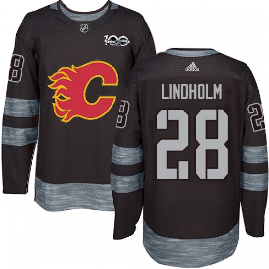 Men's Adidas Calgary Flames 28 Elias Lindholm Black 1917-2017 100th Anniversary Stitched NHL Jersey