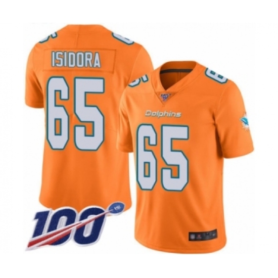 Youth Miami Dolphins 65 Danny Isidora Limited Orange Rush Vapor Untouchable 100th Season Football Jersey