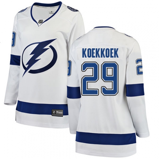 Women's Tampa Bay Lightning 29 Slater Koekkoek Fanatics Branded White Away Breakaway NHL Jersey