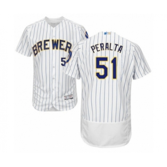 Men's Milwaukee Brewers 51 Freddy Peralta White Home Flex Base Authentic Collection Baseball Player Jersey