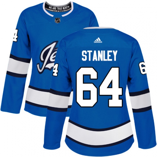 Women's Adidas Winnipeg Jets 64 Logan Stanley Authentic Blue Alternate NHL Jersey