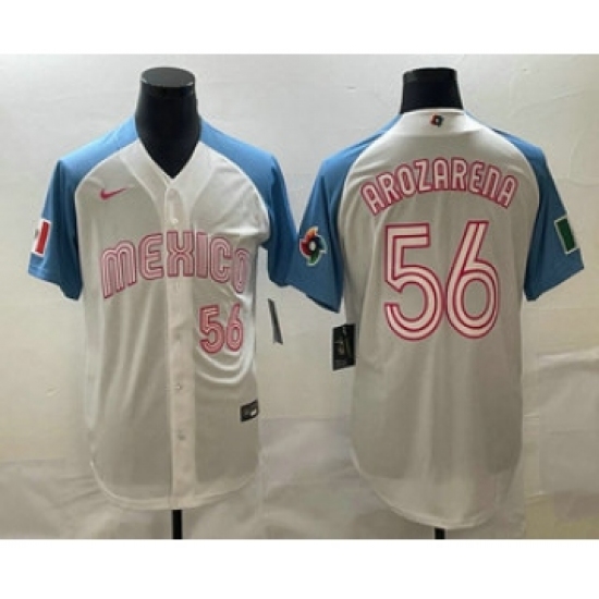 Mens Mexico Baseball 56 Randy Arozarena Number 2023 White Blue World Classic Stitched Jersey