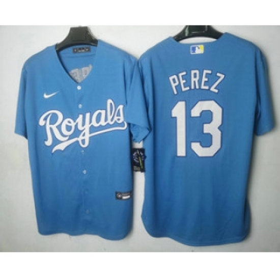 Men's Kansas City Royals 13 Salvador Perez Light Blue Cool Base Stitched MLB Jersey