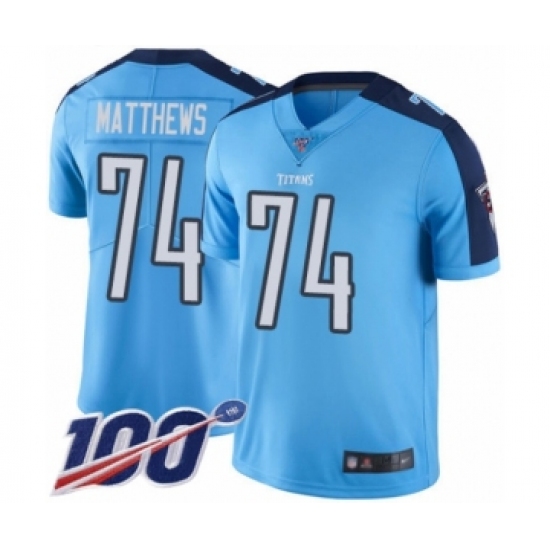 Men's Tennessee Titans 74 Bruce Matthews Limited Light Blue Rush Vapor Untouchable 100th Season Football Jersey