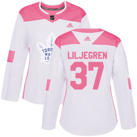 Women's Adidas Toronto Maple Leafs 37 Timothy Liljegren Authentic White Pink Fashion NHL Jersey