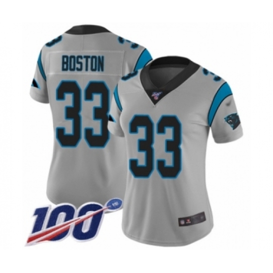 Women's Carolina Panthers 33 Tre Boston Silver Inverted Legend Limited 100th Season Football Jersey