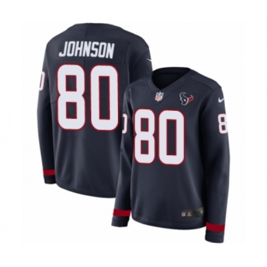 Women's Nike Houston Texans 80 Andre Johnson Limited Navy Blue Therma Long Sleeve NFL Jersey