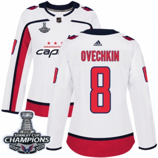 Women's Adidas Washington Capitals 8 Alex Ovechkin Authentic White Away 2018 Stanley Cup Final Champions NHL Jersey