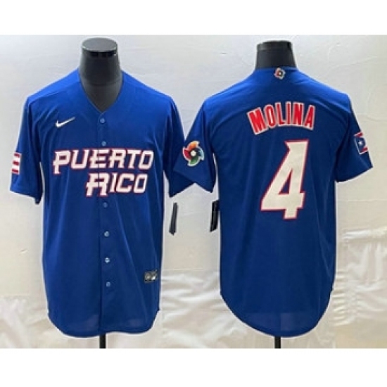 Men's Puerto Rico Baseball 4 Yadier Molina 2023 Blue World Baseball Classic Stitched Jerseys