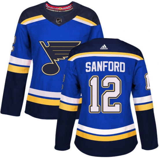 Women's Adidas St. Louis Blues 12 Zach Sanford Authentic Royal Blue Home NHL Jersey