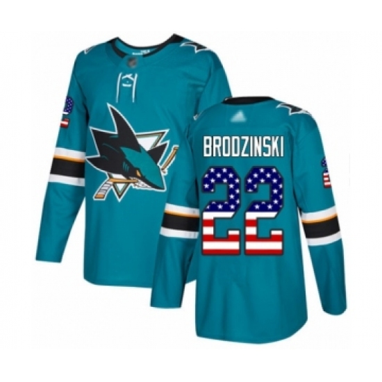 Men's San Jose Sharks 22 Jonny Brodzinski Authentic Teal Green USA Flag Fashion Hockey Jersey