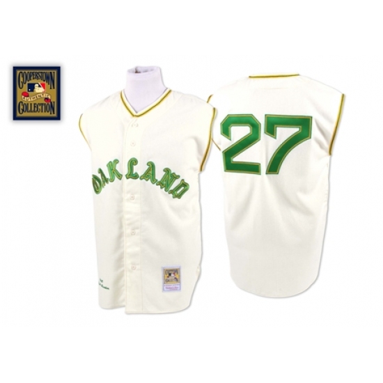 Men's Mitchell and Ness 1968 Oakland Athletics 27 Catfish Hunter Authentic Cream Throwback MLB Jersey