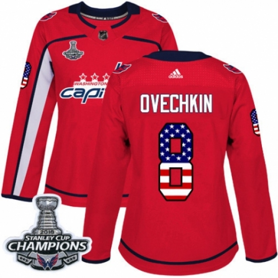 Women's Adidas Washington Capitals 8 Alex Ovechkin Authentic Red USA Flag Fashion 2018 Stanley Cup Final Champions NHL Jersey