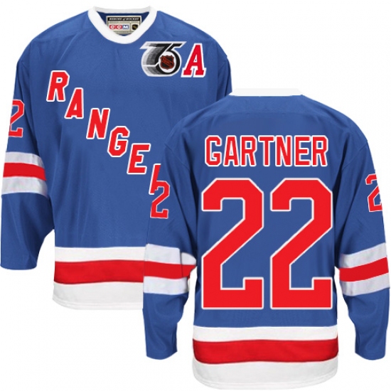 Men's CCM New York Rangers 22 Mike Gartner Authentic Royal Blue 75TH Throwback NHL Jersey