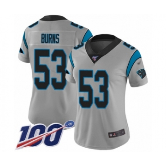 Women's Carolina Panthers 53 Brian Burns Silver Inverted Legend Limited 100th Season Football Jersey