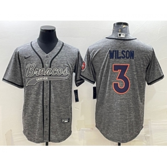 Men's Denver Broncos 3 Russell Wilson Grey Gridiron With Patch Cool Base Stitched Baseball Jersey