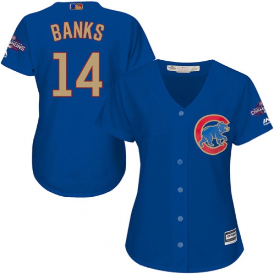 Women's Majestic Chicago Cubs 14 Ernie Banks Authentic Royal Blue 2017 Gold Champion MLB Jersey