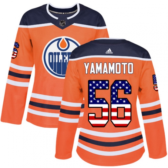 Women's Adidas Edmonton Oilers 56 Kailer Yamamoto Authentic Orange USA Flag Fashion NHL Jersey