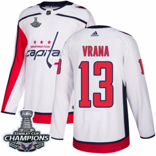 Men's Adidas Washington Capitals 13 Jakub Vrana Authentic White Away 2018 Stanley Cup Final Champions NHL Jersey