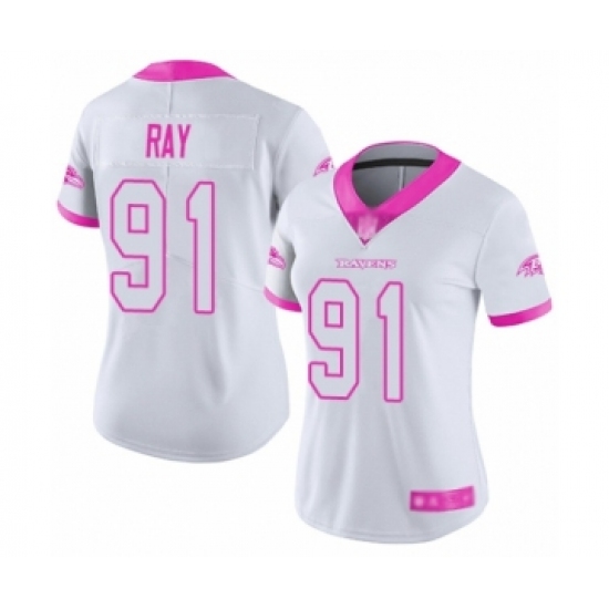 Women's Baltimore Ravens 91 Shane Ray Limited White Pink Rush Fashion Football Jersey