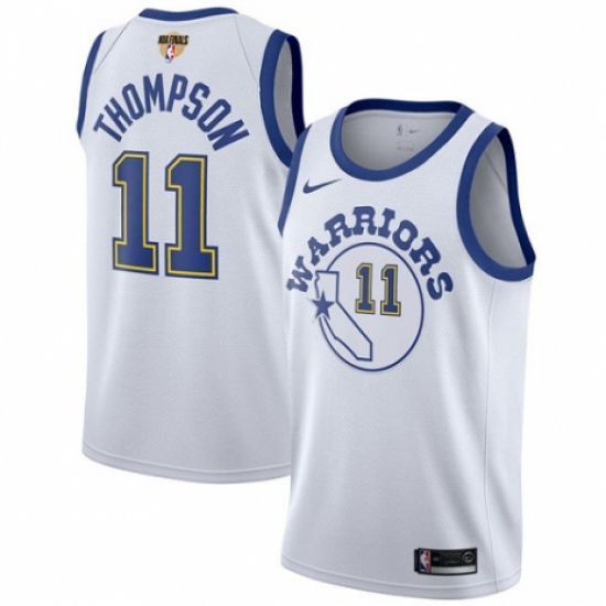 Men's Nike Golden State Warriors 11 Klay Thompson Authentic White Hardwood Classics 2018 NBA Finals Bound NBA Jersey