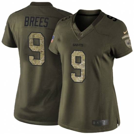 Women's Nike New Orleans Saints 9 Drew Brees Elite Green Salute to Service NFL Jersey