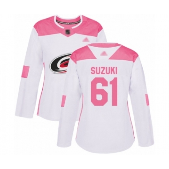 Women's Carolina Hurricanes 61 Ryan Suzuki Authentic White Pink Fashion Hockey Jersey