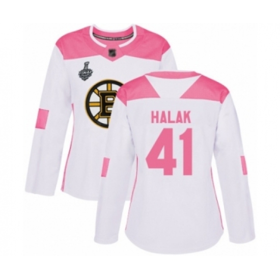 Women's Boston Bruins 41 Jaroslav Halak Authentic White Pink Fashion 2019 Stanley Cup Final Bound Hockey Jersey